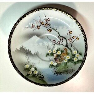 Vintage Soko China Hand Painted Saucer Mandarin Ducks Floral Black Gold Trim